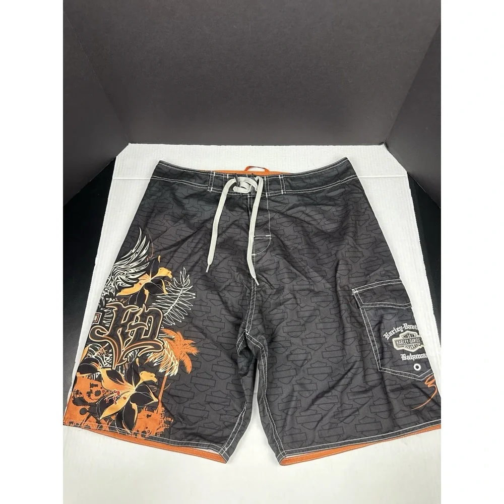 Harley Davidson Board Shorts Mens 36 Black Bahamas Motorcycle Swim Trunks AOP